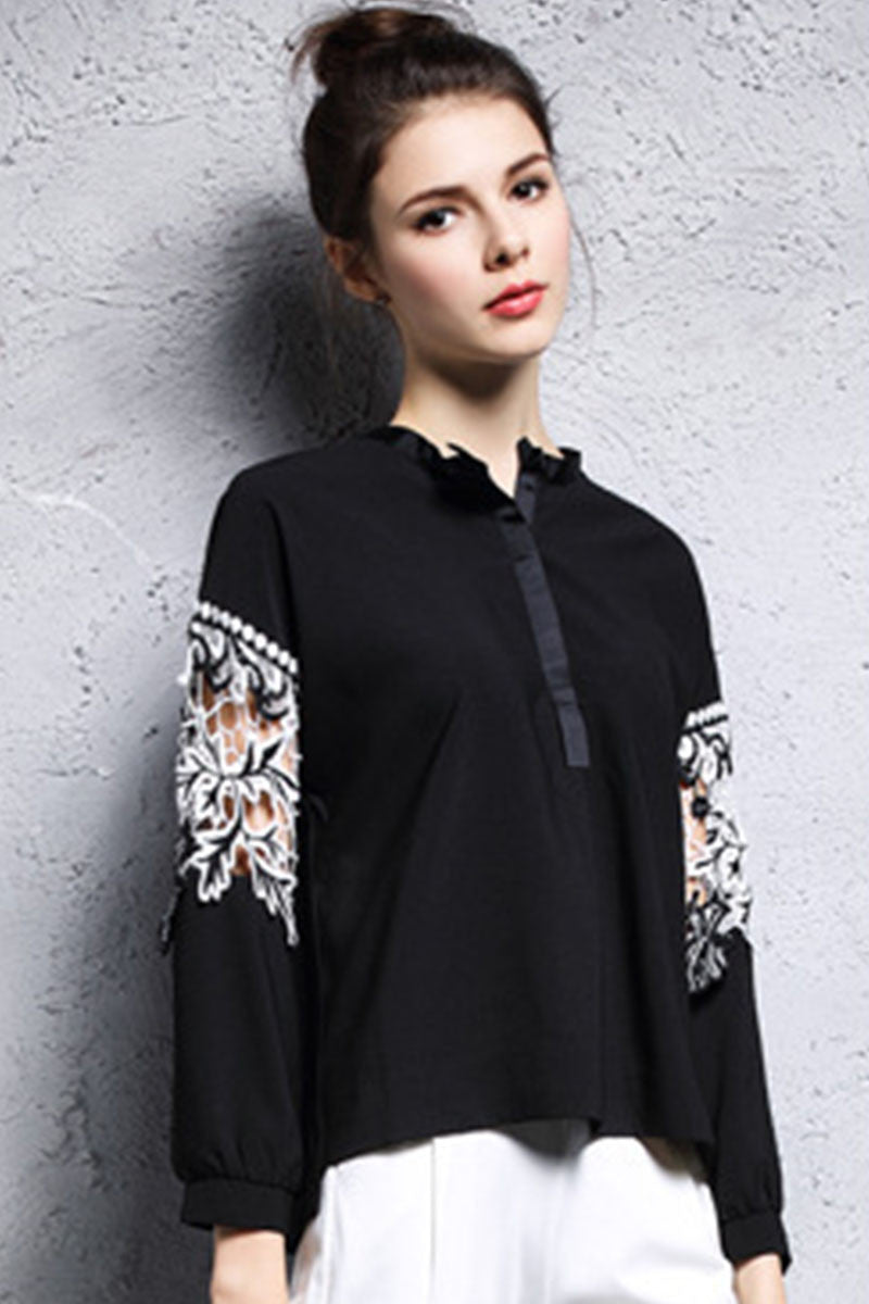 Round Collar Lace  Hollow Cut  Sleeve Short Front Long Back  Loose  Top - NJOYDRESS - 4