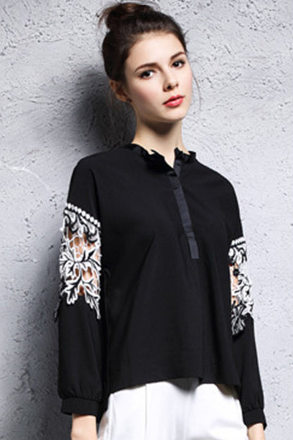 Round Collar Lace  Hollow Cut  Sleeve Short Front Long Back  Loose  Top - NJOYDRESS - 4