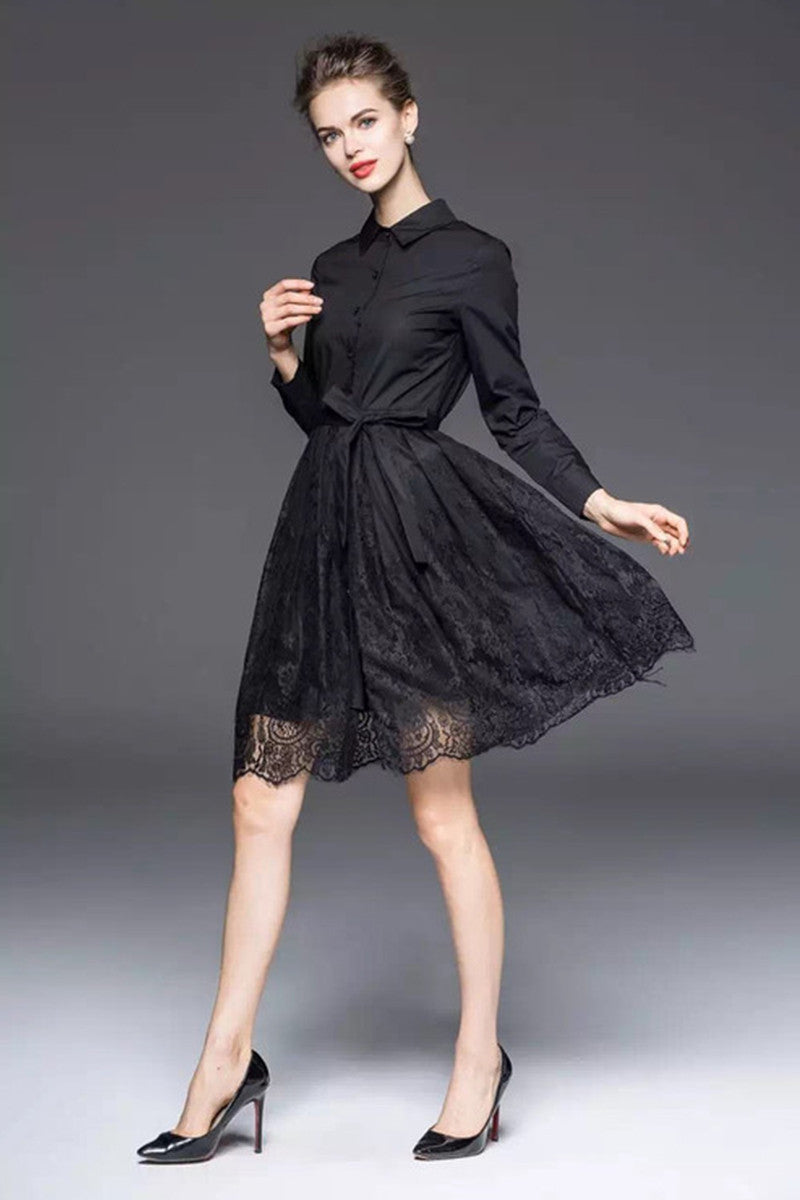Roll Collar With Bowknot Lace Patch Dress - NJOYDRESS - 3