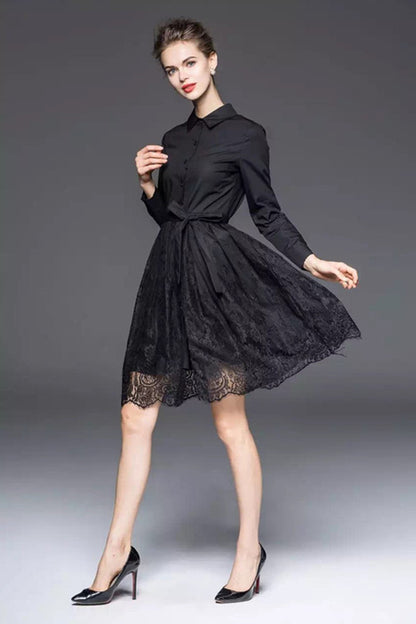 Roll Collar With Bowknot Lace Patch Dress - NJOYDRESS - 3