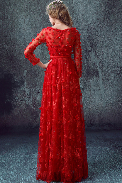 3D Flowers Applique Sheer Sleeve Runched Long Gown Dress