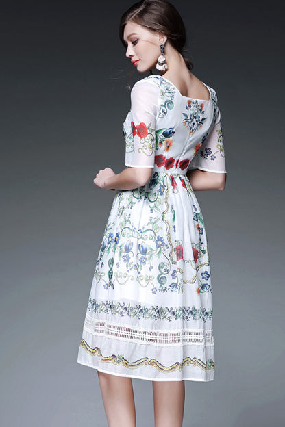 Square Neck Flowers Print Mesh Patch Empire Waist Swing Dress