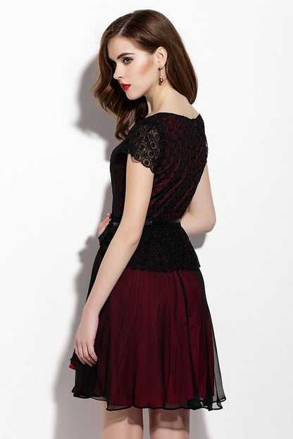 Round Collar Cap Sleeve Flare Hem Pleat Dress With Belt