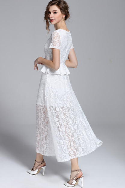 LACE ELEGANT SHORT SLEEVE FIT ROUND NECK COCKTAIL PARTY DRESS