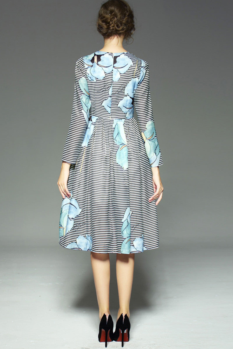 GRACE FLOWER PRINTING STRIPE ROUND NECK LONG SLEEVE MIDI DRESS