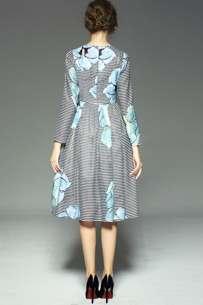 GRACE FLOWER PRINTING STRIPE ROUND NECK LONG SLEEVE MIDI DRESS