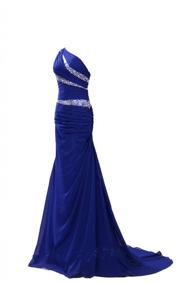 One Shoulder Beaded Slim Backless Floor Length Evening Gown Dress