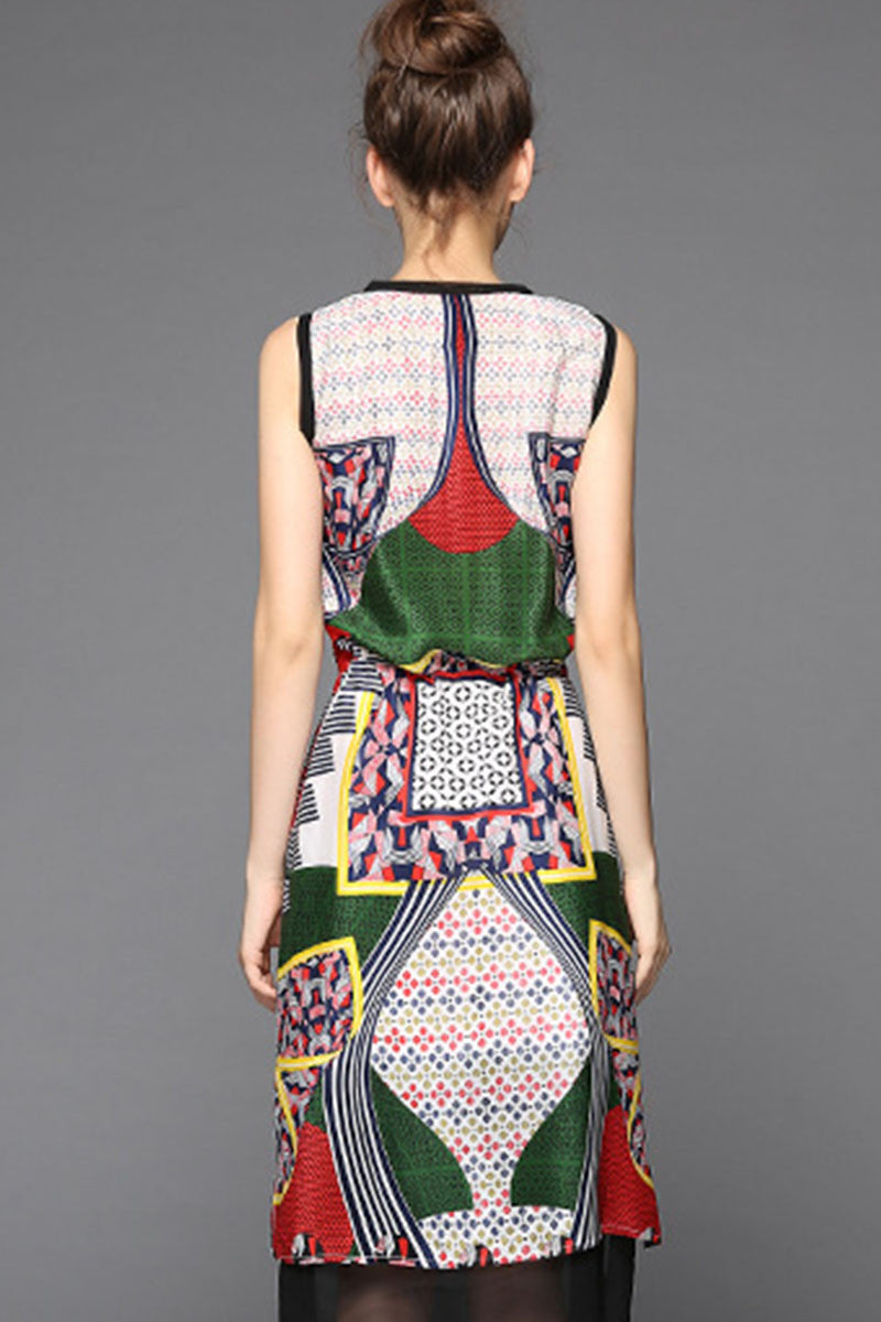 Round Collar Pope Pattern Mesh Patch Lacing Waist Dress