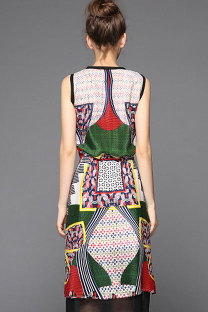 Round Collar Pope Pattern Mesh Patch Lacing Waist Dress