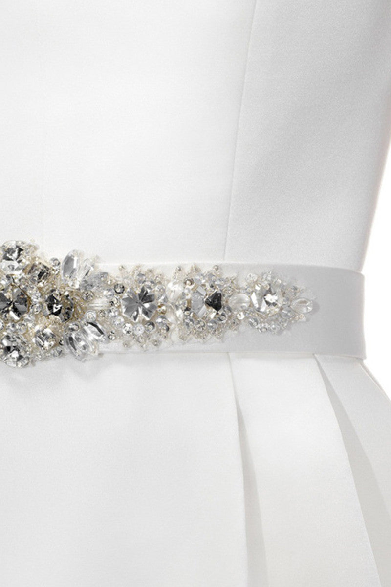 Boat Neck Slit Deep V Beaded Empire Waist Slant Pocket Runched Gown