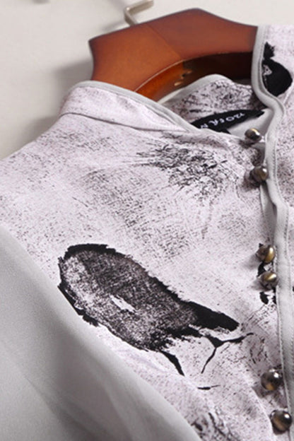LOOSE CASUAL SHORT SLEEVE STAND COLLAR WASH PAINTING DRESS