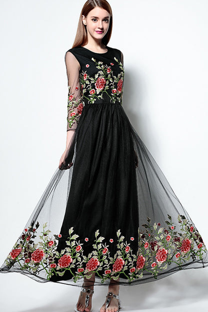 Rose Embroidered Illusion Long Cocktail Dress
