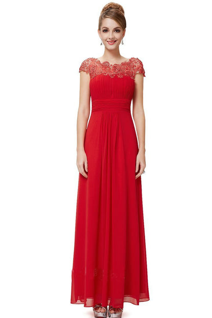 Boat Neck Lace AppliqueHollow-Out Back Empire Waist Tulle Gown Long Dress