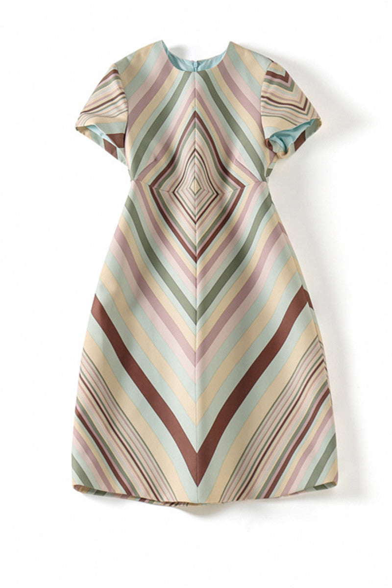 WOMEN'S ROUND NECK CAP SLEEVE DIGITAL STRIPE SHORT DRESS