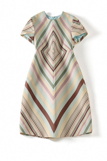 WOMEN'S ROUND NECK CAP SLEEVE DIGITAL STRIPE SHORT DRESS