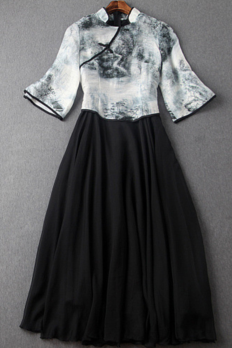 VINTAGE CHINESE STYLE STAND COLLAR HALF SLEEVE WASH PAINTING DRESS