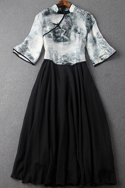 VINTAGE CHINESE STYLE STAND COLLAR HALF SLEEVE WASH PAINTING DRESS