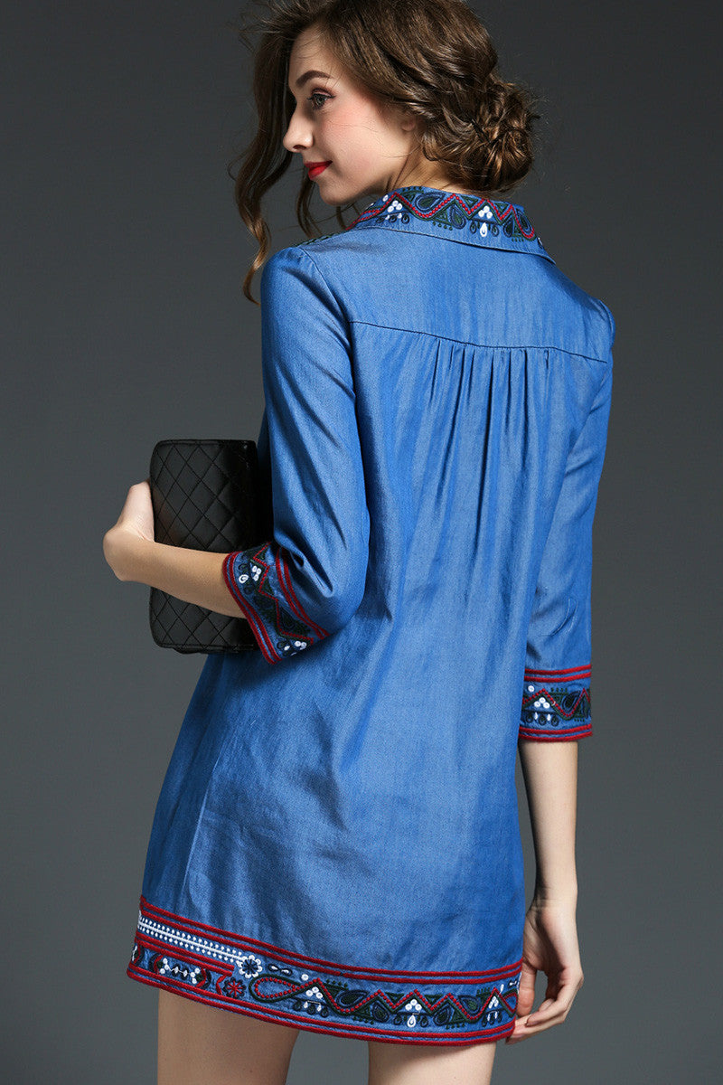 3/4 Sleeve Denim Blouse Emboridered Blouse