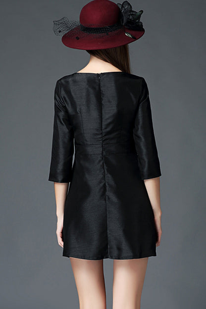 WOMEN'S ELEGANT BOAT NECK SEQUIN BLACK SHORT DRESS WITH BELT