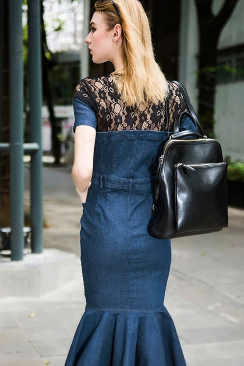 [50% OFF TILL 7 APR] Round Collar Sheer Lace Top Denim Mermaid Fishtail Wrap Dress