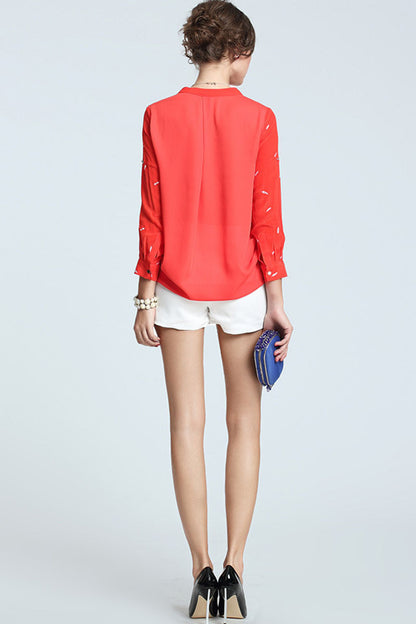 Slit V Neck Pattern Loose Blouse