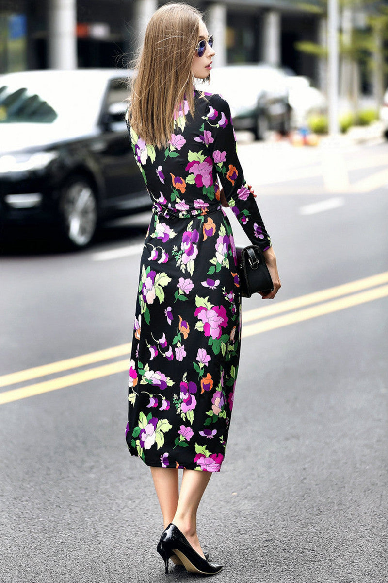Women's Printing Floral Long Sleeve Dress Casual Polo Neck Slim Dress - NJOYDRESS - 3