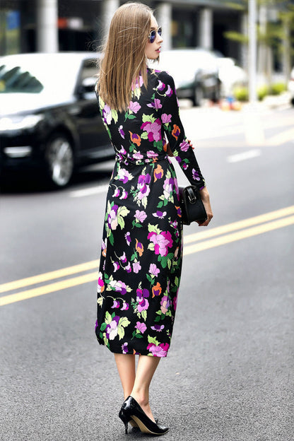 Women's Printing Floral Long Sleeve Dress Casual Polo Neck Slim Dress - NJOYDRESS - 3