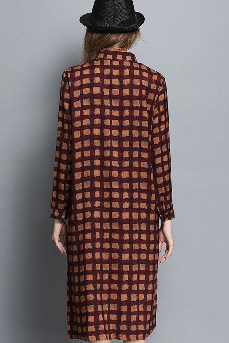 Napel Neck Button Down Front Slit Plaid Print Loose Shirt Plus-Size  Dress