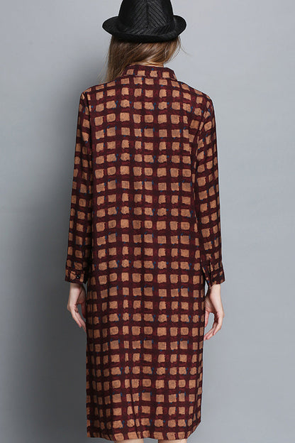 Napel Neck Button Down Front Slit Plaid Print Loose Shirt Plus-Size  Dress