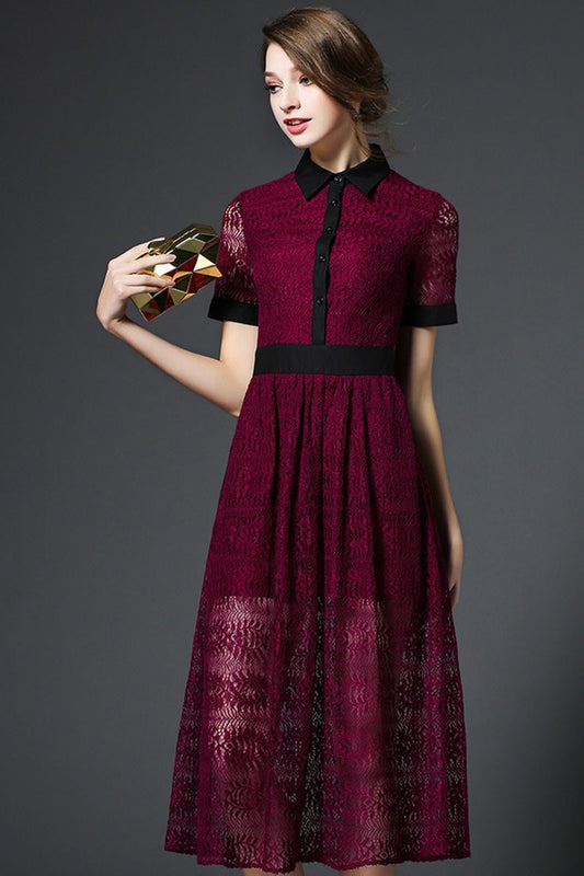 Roll Collar Hollow Out  Lace Patch Flare Midi Dress - NJOYDRESS - 1