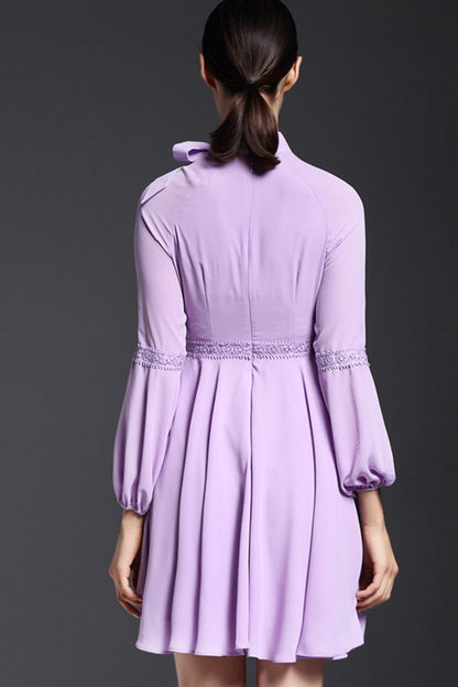 Bowknot Lacing Neck Lattern Sleeve Lace Patch Shirring Waist Chiffon Pleat Dress