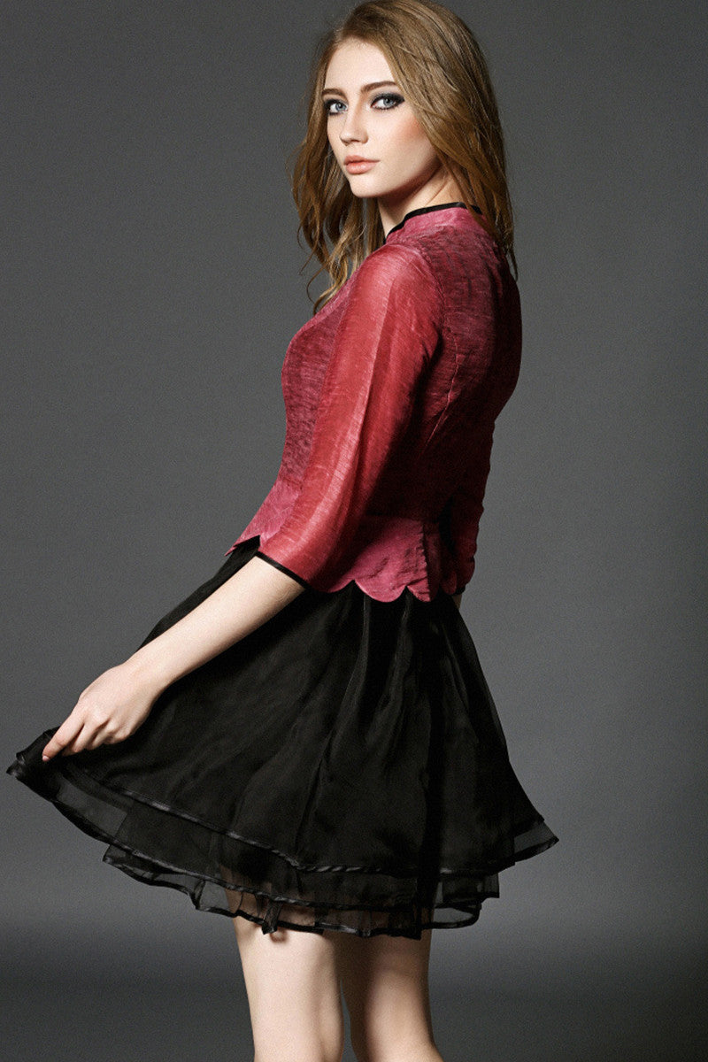 Stand Collar Chi-Pao Button Wavy Hemline Mesh Patch Slim Dress