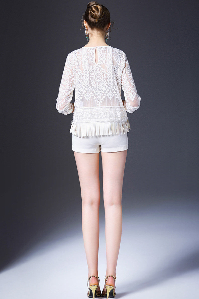 Sheer Stitchwork Tassels Hem 3/4 Sleeve Tops