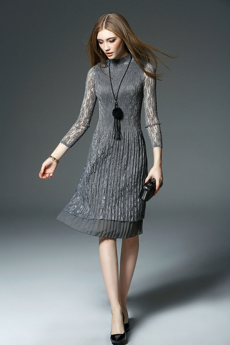 Lace Neck See Throgh Sleeve Pleated Midi Dress - NJOYDRESS - 5