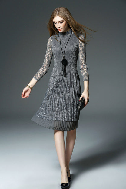 Lace Neck See Throgh Sleeve Pleated Midi Dress - NJOYDRESS - 5