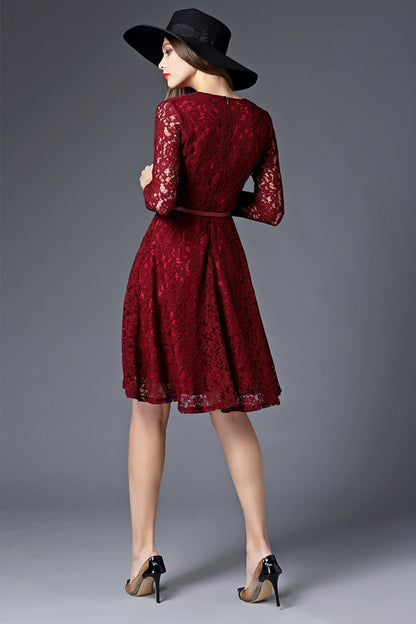 Deep V-Neck Scoop Lace Dress With Belt - NJOYDRESS - 2