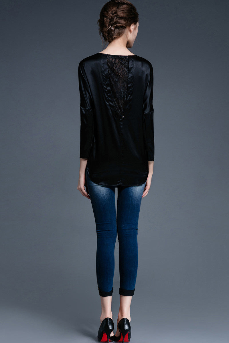 Round Collar Character Image Beaded Bat Sleeve Lace Back Top
