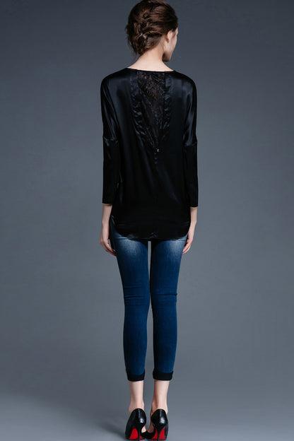 Round Collar Character Image Beaded Bat Sleeve Lace Back Top