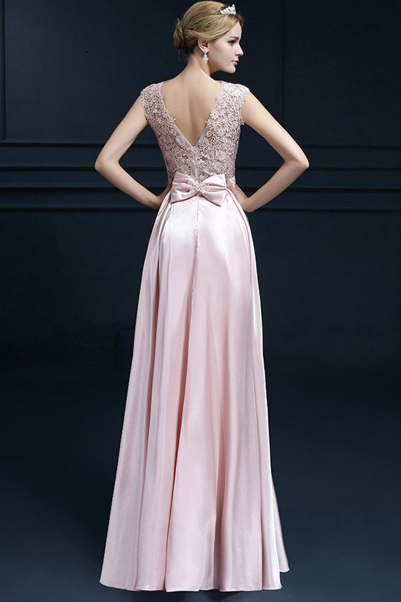 Deep V Neck Floral Lace Empire Waist Backless Bowknot Long Dress