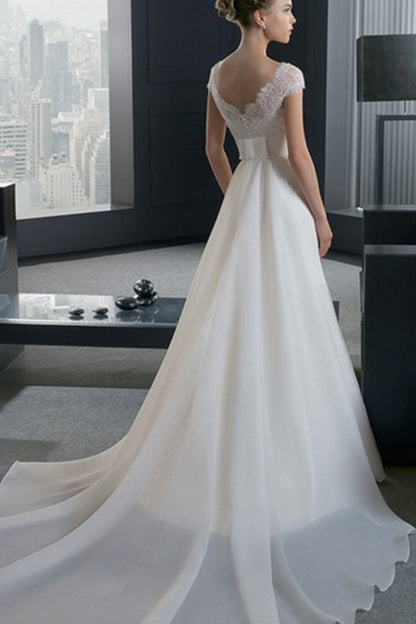 Boat Neck Lace Applique Backless Empire Waist Gown Long Dress