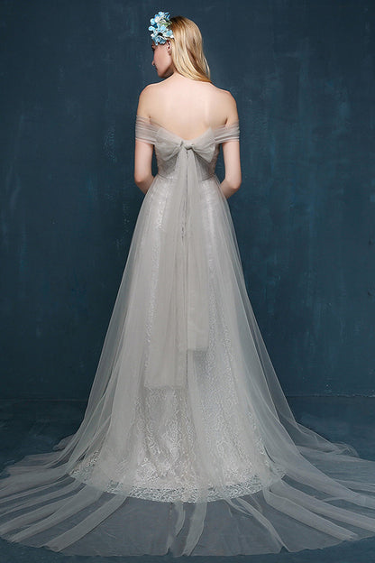 Deep V Neck Sweetheart  Back Bowknot Tulle Overlaid Floor Length Grown