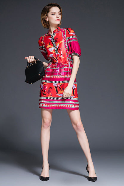 Multi Color Pattern 3/4 Puff Sleeve Adjustable Lacing Waist Dress - NJOYDRESS - 2