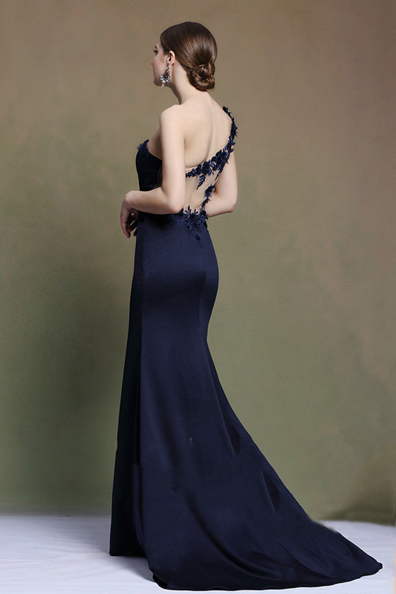 Sloping Shoulder See Through Patch Side Party Dress