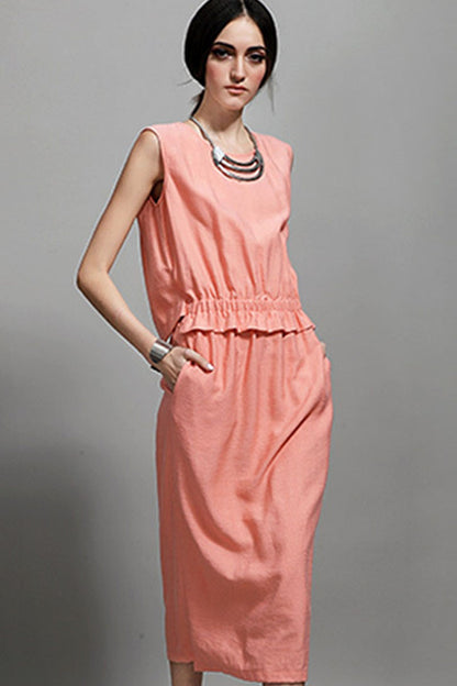Layered Back Scoop Back Waist Linen Casual Midi Dress