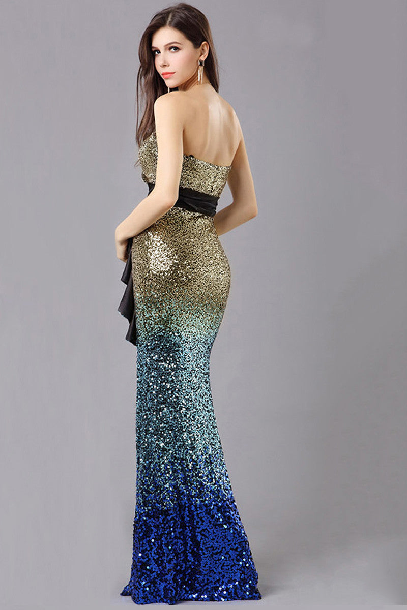Gradient Sequin Strapless High Slit Ruffle Dress