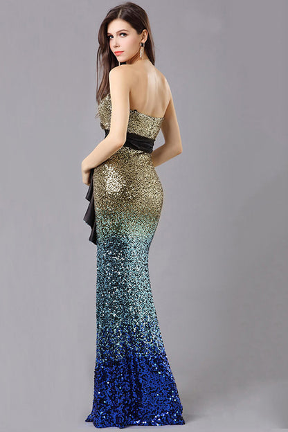 Gradient Sequin Strapless High Slit Ruffle Dress