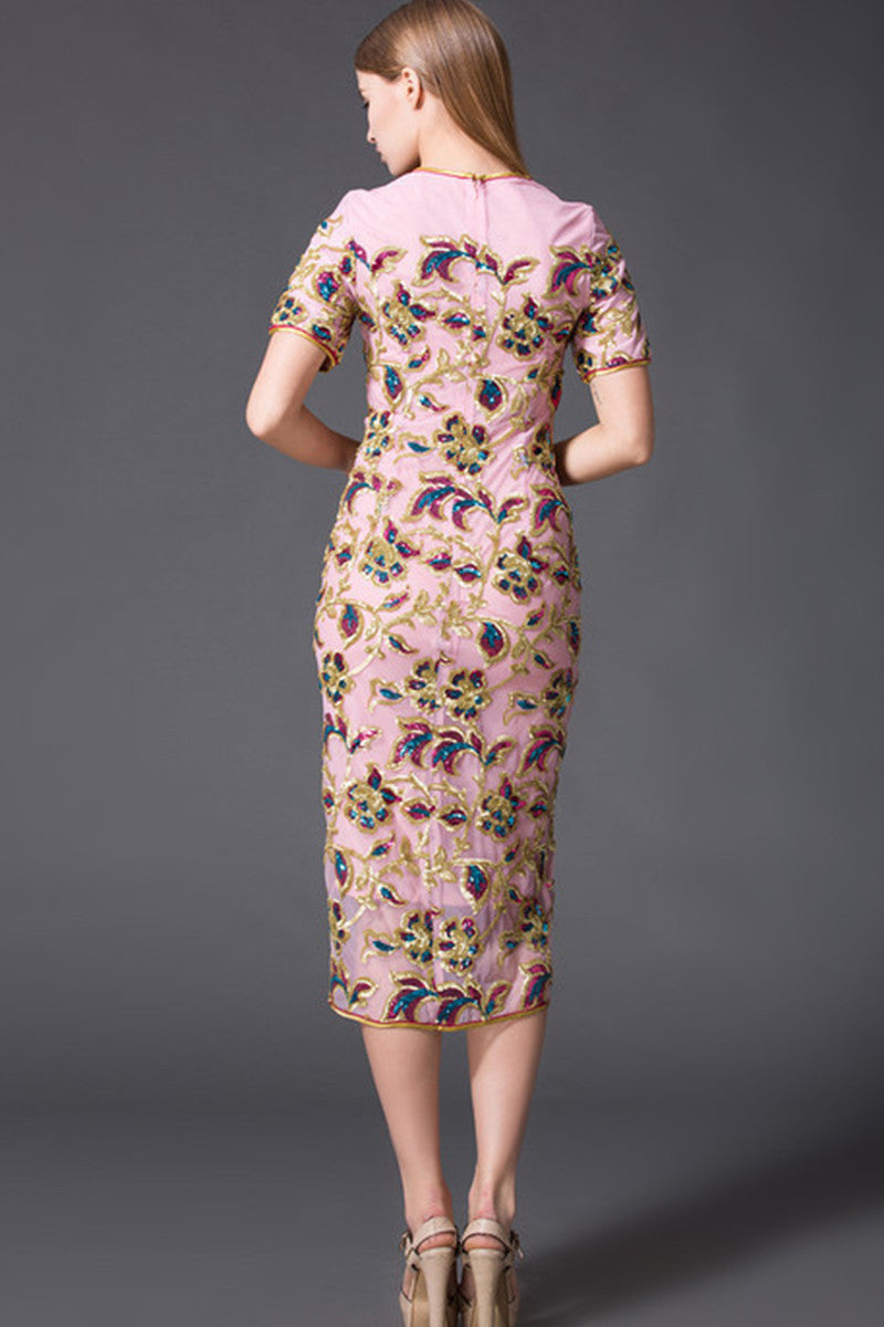 ELEGANT BEADED SHORT SLEEVE ROUND NECK MIDI DRESS