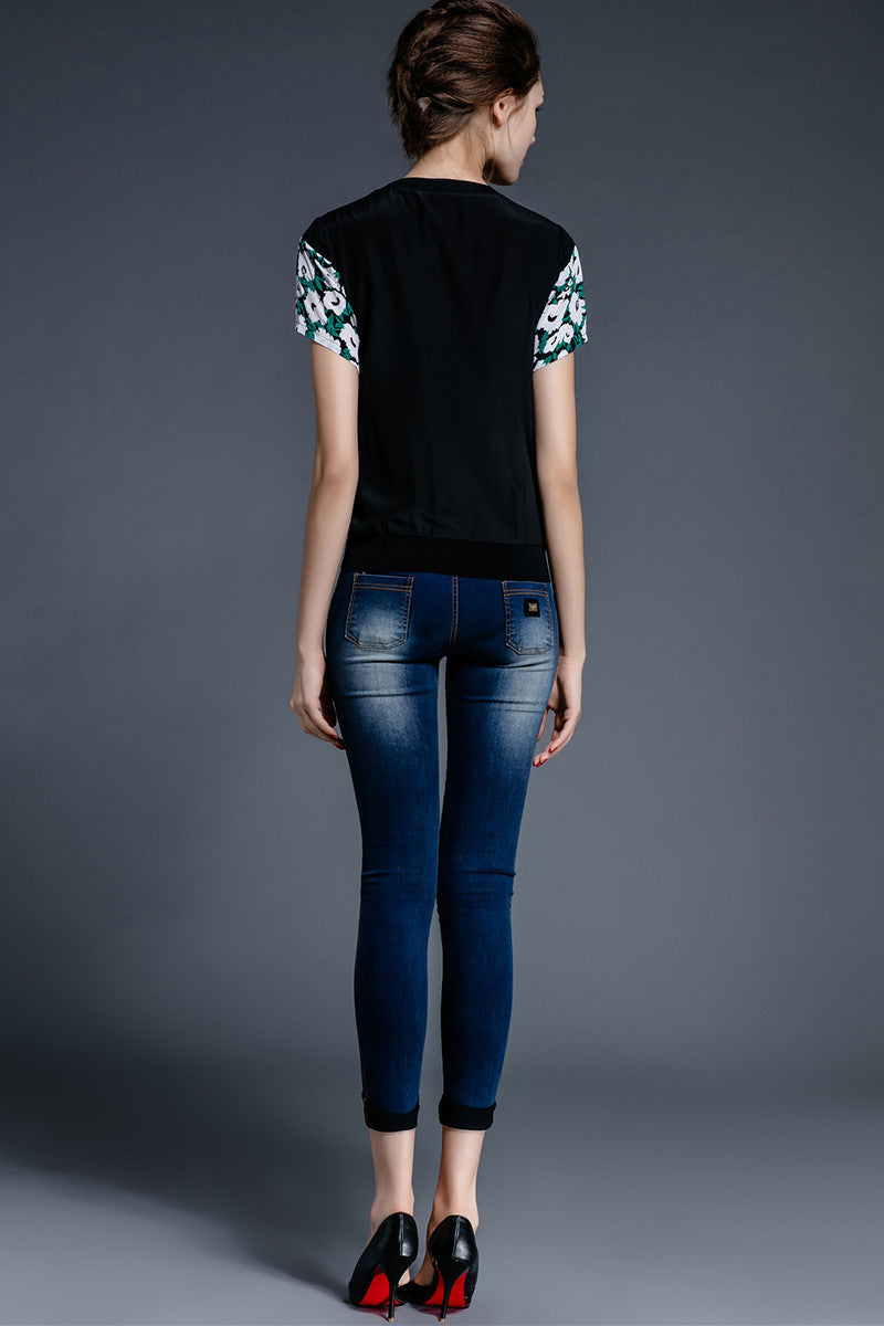Round Collar Floral Print Flower Embroidered Top