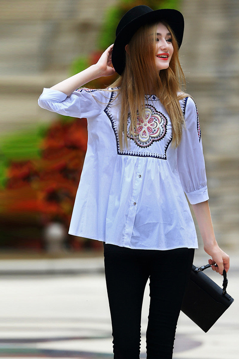 Rural Embroidery Linen A-line Tops