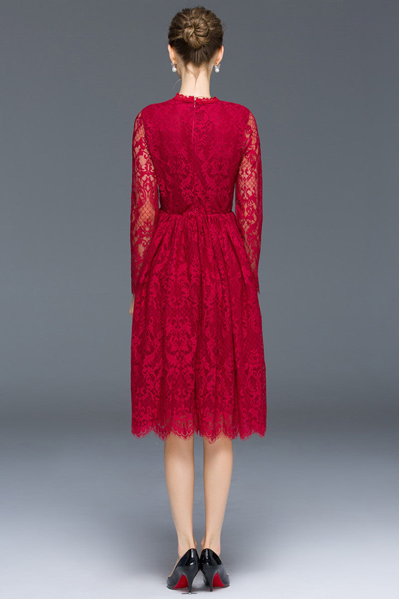 WOMEN'S LACE ROUND NECK CASUAL GRACE LONG SLEEVE PARTY DRESS